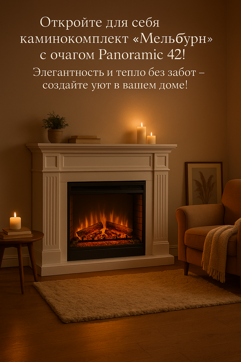    Каминокомплект Мельбурн с очагом Panoramic 42 превращает ваш дом в оазис уюта и тепла без хлопот и лишних забот Kamin