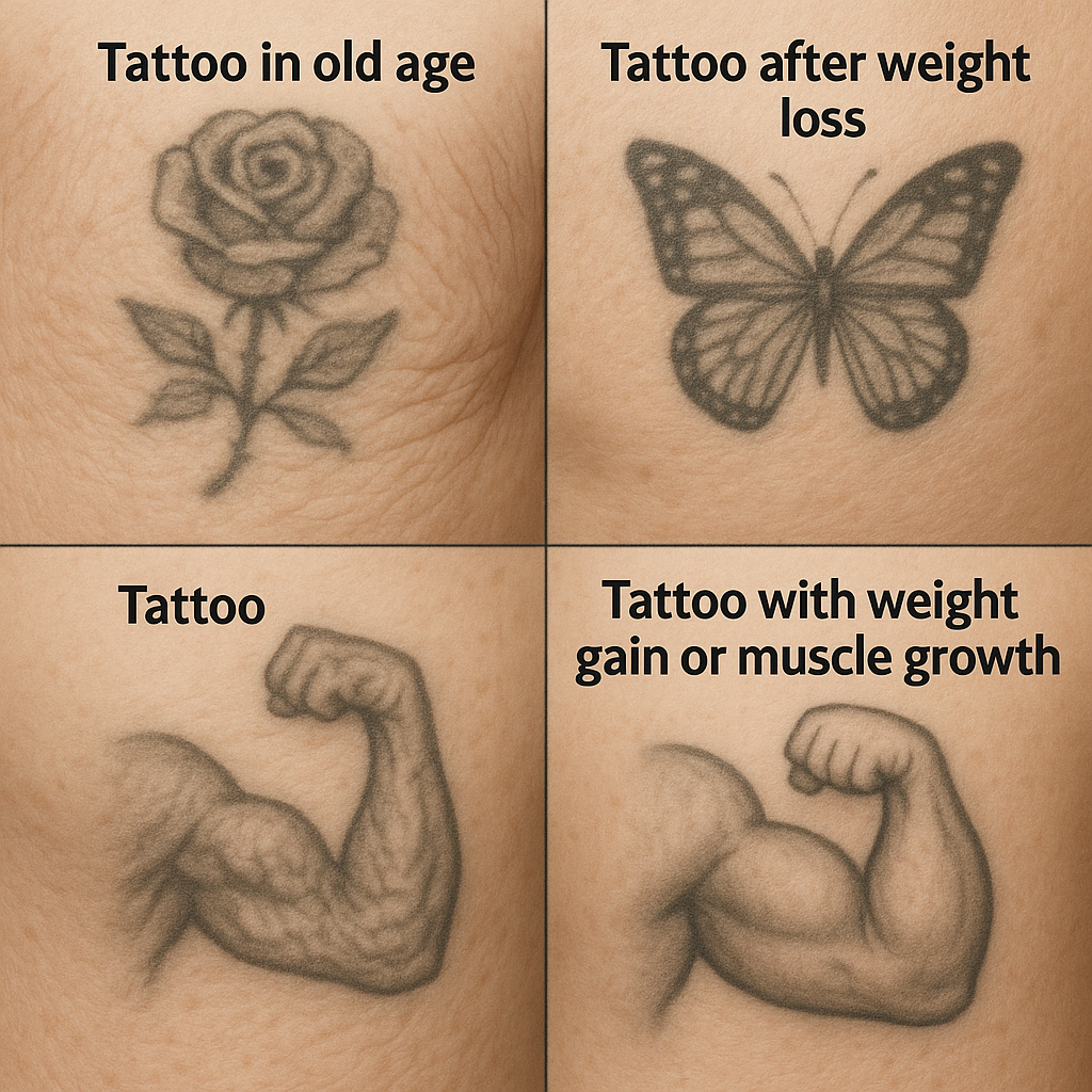 Татуировка — это не только украшение тела, но и искусство, которое остаётся с человеком на долгие годы. Однако стоит помнить: со временем кожа меняется — и вместе с ней меняется и внешний вид тату. В этой статье разберёмся, как татуировка может выглядеть:

в старости,

после сильного похудения,

при наборе веса или росте мышечной массы.

1. Как тату выглядит в старости?
С возрастом кожа теряет упругость, становится тоньше и дряблее. Это неизбежно, и татуировка тоже подвержена этим изменениям.

Возможные изменения:

Контуры тату становятся менее чёткими;

Цвета тускнеют;

Кожа растягивается, и рисунок может слегка «поплыть».

Как этого избежать:
Невозможно полностью остановить старение, но можно замедлить процессы:

Наносить SPF на татуировки — солнце ускоряет выцветание;

Увлажнять кожу и вести здоровый образ жизни;

Выбирать мастера, который делает качественные, чёткие работы с запасом на будущее (грамотно распределяет тени, делает контур чуть толще и т.д.).

2. Тату после похудения
Если человек сильно худеет, особенно быстро — кожа теряет объём, и рисунок может деформироваться. Это особенно заметно на животе, бёдрах и руках.

Что может случиться:

Тату становится «сморщенной» вместе с кожей;

Линии и формы могут искривиться, особенно если кожа не успела сократиться.

Совет:
Если вы планируете похудение — разумнее делать тату после достижения желаемой формы. А если тату уже есть, и фигура изменилась — хороший мастер может перекрыть, дополнить или освежить рисунок.

3. Татуировка при наборе веса или мышечной массы
Если набор веса происходит равномерно, без резких скачков — сильных искажений можно избежать. Однако при резком увеличении объёма тела тату тоже растягивается вместе с кожей.

На что влияет:

Локализация. На плечах и груди при быстром росте мышц тату может растянуться, но остаётся узнаваемой.

На животе, бёдрах и ягодицах при наборе веса контур может сильно измениться.

При растяжках (стриях) возможно повреждение части тату.

Как минимизировать последствия