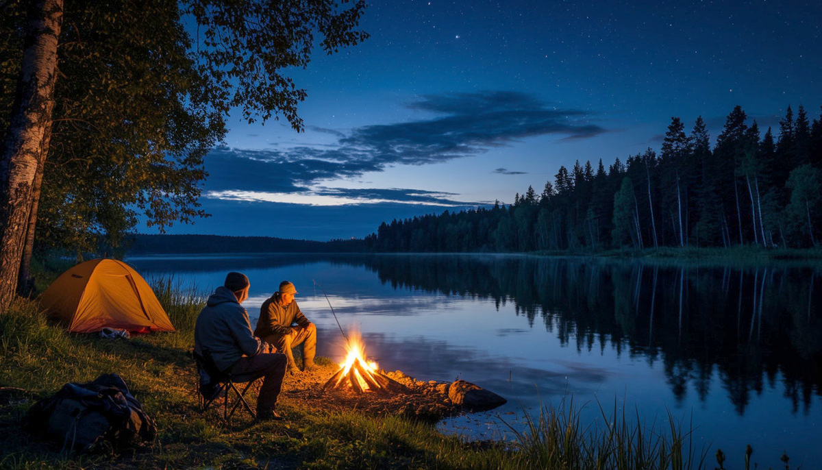 Рыбаки расположились на берегу озера.
