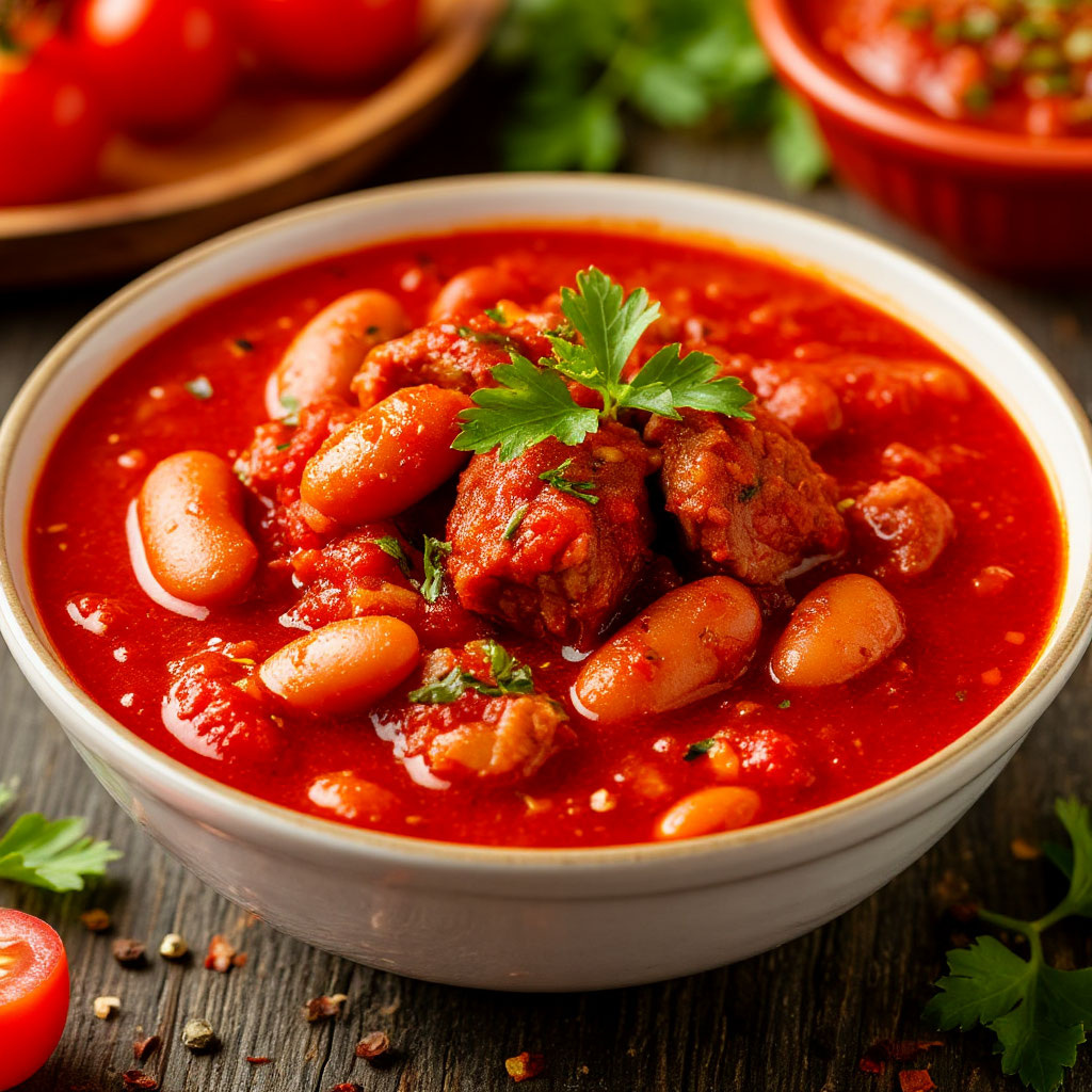 Фасоль в томате с мясом - острая