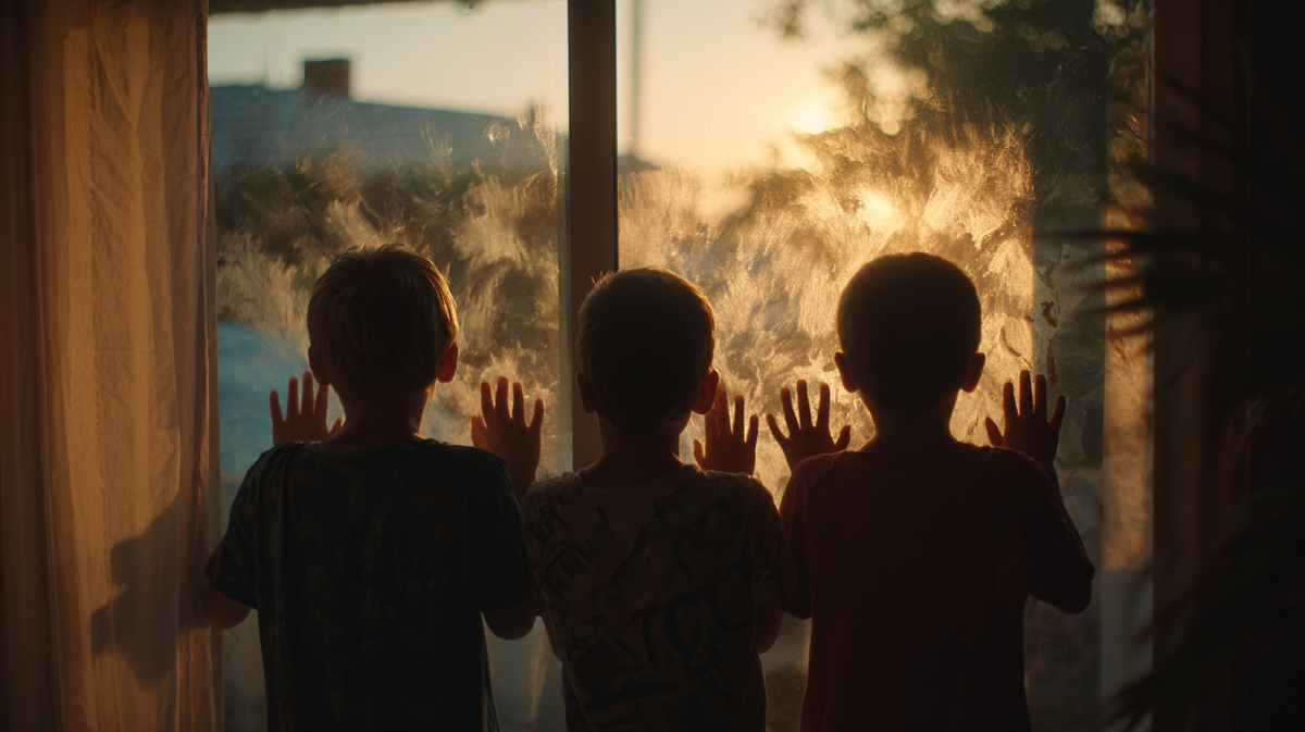 Трое мальчиков у окна в ожидании взрослого, атмосфера летнего дня и тихой надежды.