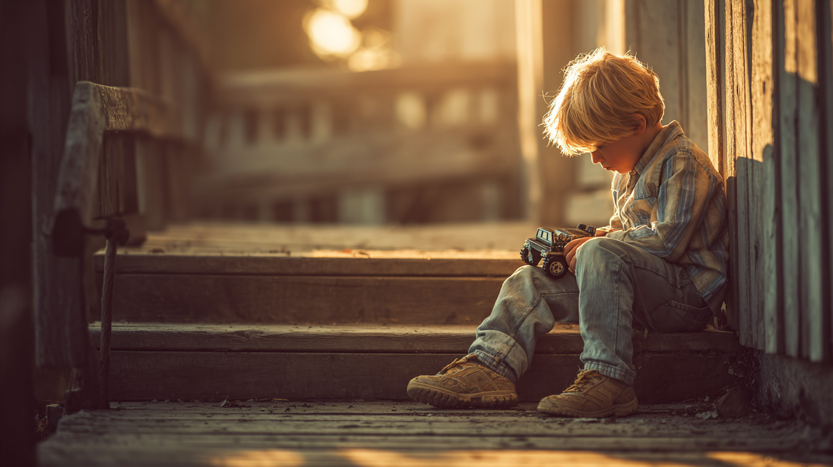 Мальчик с опущенным взглядом сидит на ступеньках, в руках игрушка, на лице — разочарование.