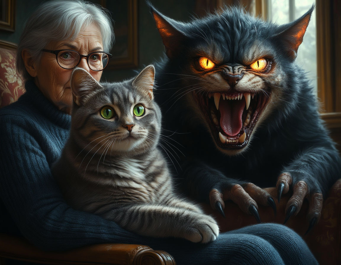 В комнате их было трое. Бабушка, кошка... и вирус бешенства... (коллаж Перепечаева К.А.)