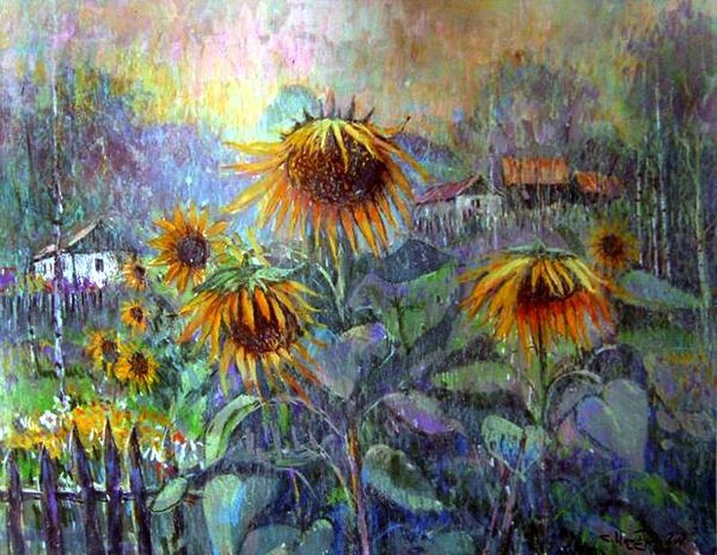 «Подсолнухи под дождём». Фото картины взято из открытого источника.