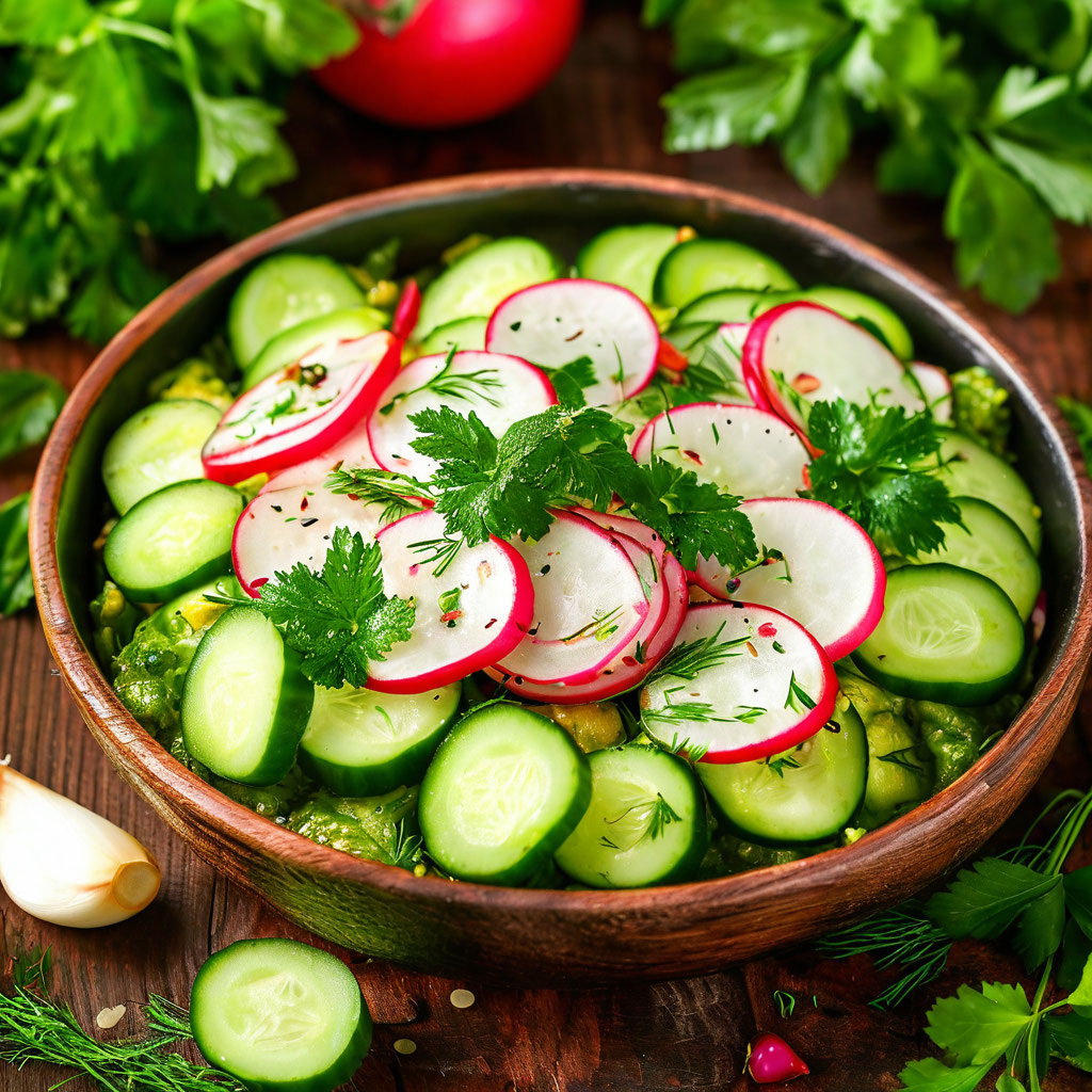 Лёгкость и свежесть: салат состоит из лёгких овощей, которые богаты витаминами и минералами, но при этом не перегружают желудок. Такой салат будет отличным дополнением к более тяжёлым блюдам, которые часто готовят на даче.