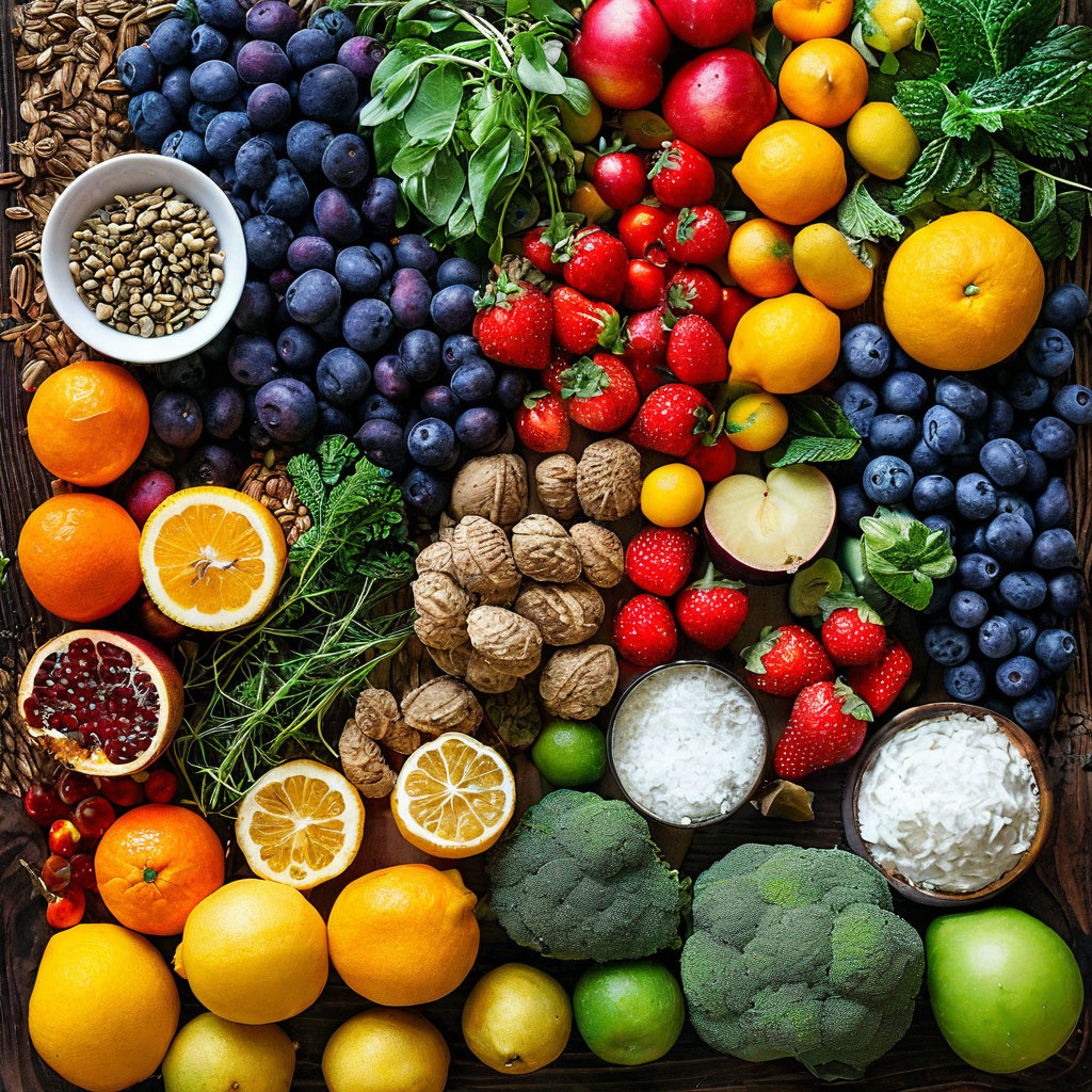 Сбалансированное питание с достаточным количеством фруктов, овощей, злаков, белков и полезных жиров обеспечивает организм необходимыми питательными веществами.