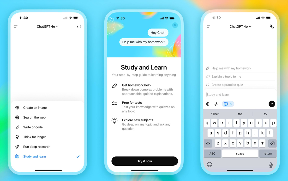 ЧЕМ РЕЖИМ ОБУЧЕНИЯ ОТЛИЧАЕТСЯ ОТ ОБЫЧНОГО ЧАТА? Режим обучения предлагает более интерактивную структуру обучения, побуждая пользователей взаимодействовать с материалом, вместо пассивного получения ответов в обычном чате. Когда пользователь задает вопрос в режиме обучения, например, формулирует математическую задачу, или врпрос по биологии, или анализ на историческую тему, помощник не просто дает ответ. Вместо этого в режиме обучения мы видим как проблема разделяется на шаги ее решения,  задаются дополнительные вопросы, чтобы уточнить понимание пользователя, предлагается несколько примеров или визуализаций. Возможно задача будет разбита на части, чтобы позволить пользователю погрузиться в часть проблемы. Будут предложены подсказки, прежде чем дать полные объяснения. В целом этот подход в стиле "репетиторства" помогает закрепить материал, не опуская когнитивный процесс, который необходим для более глубокого обучения. Пользователь может переключаться между уровнями объяснения (базовым, средним, продвинутым), в зависимости от уровня восприятия, чтобы изучение было комфортным. Опыт особенно полезен для предметов STEM, где понимание методов решения проблем более ценно, чем просто получение окончательного ответа.