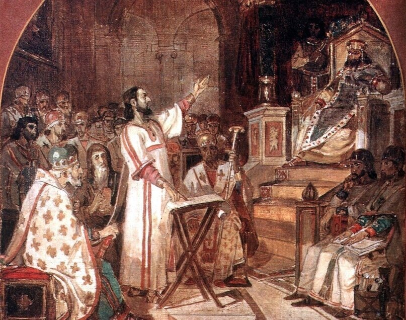 В. Суриков. Первый Вселенский Собор. Эскиз росписи в верхней части стены на хорах храма Христа Спасителя в Москве