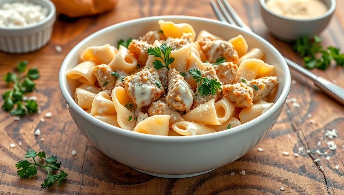 Паста с куриной грудкой под сметанным соусом