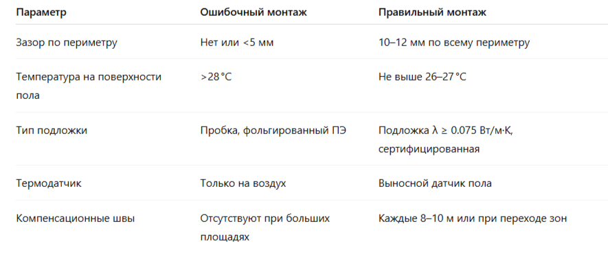 Сравнительная таблица ошибок при укладке ламината на теплом полу