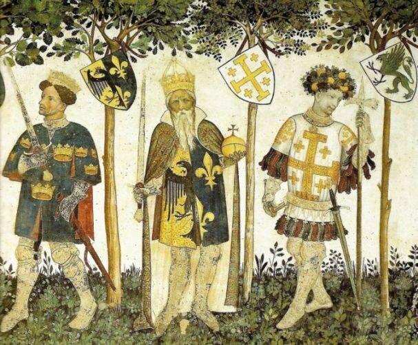 Король Артур (слева), Карл Великий, и Готфрид Бульонский, фреска, деталь. Пьемонт, замок Ла Манта, 1411 г.