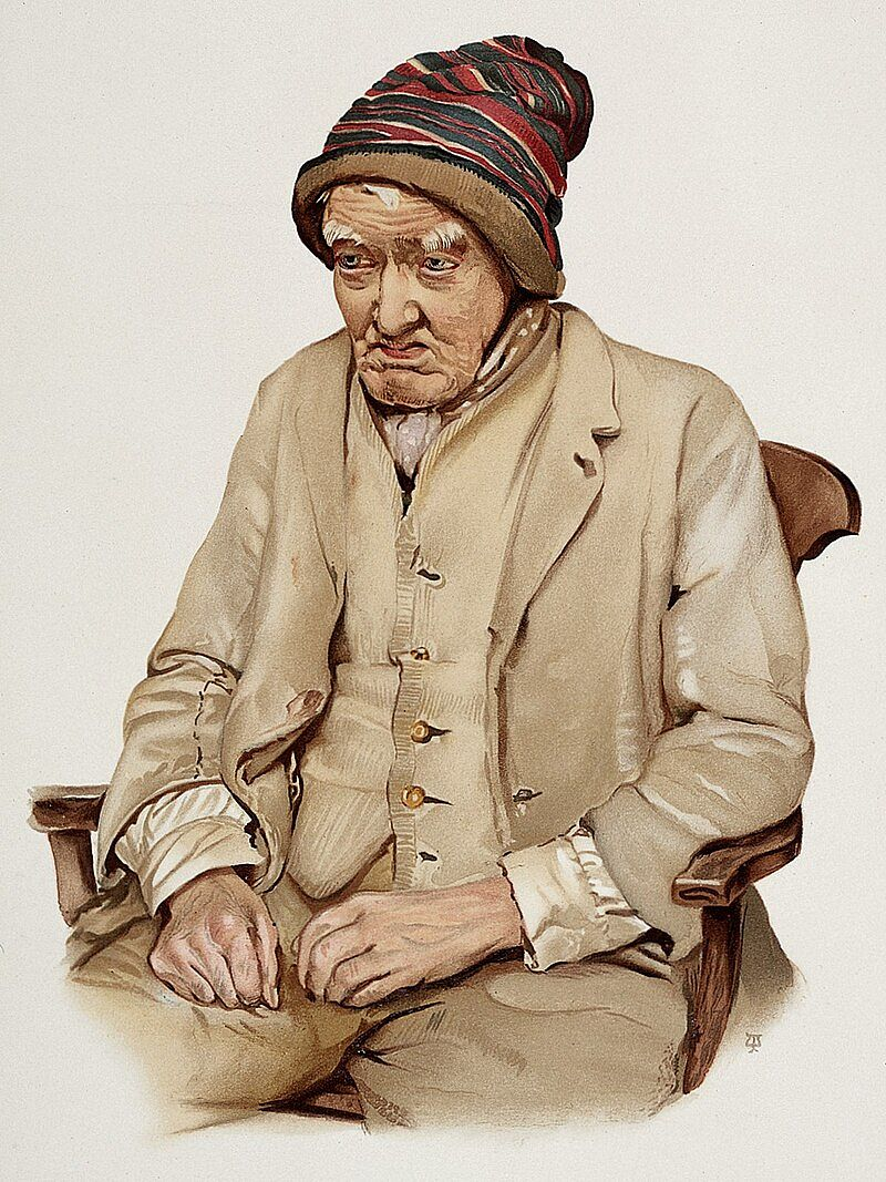 «Старый мужчина, страдающий деменцией» (1896, цветная литография). Авторство: https://wellcomeimages.org/indexplus/obf_images/48/f4/16baadbd8b96c9a3d9c07c67c55c.jpg CC-BY-4.0, CC BY 4.0