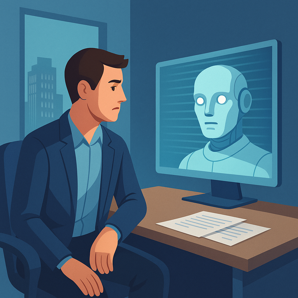 Кандидат насторожённо отворачивается от безликого «робота-интервьюера» на экране, подчёркивая отчуждённость и дискомфорт соискателей на AI-собеседованиях.