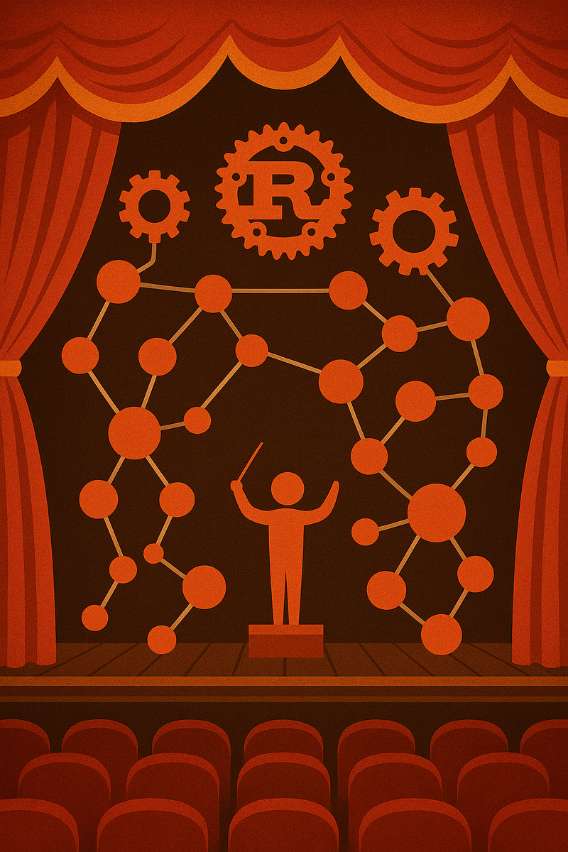На театральной сцене дирижёр управляет сетью шестерёнок и узлов-«состояний», символизируя контролируемое тестирование state machines в Rust, где вся «постановка» проходит с идеально предсказуемым сценарием.