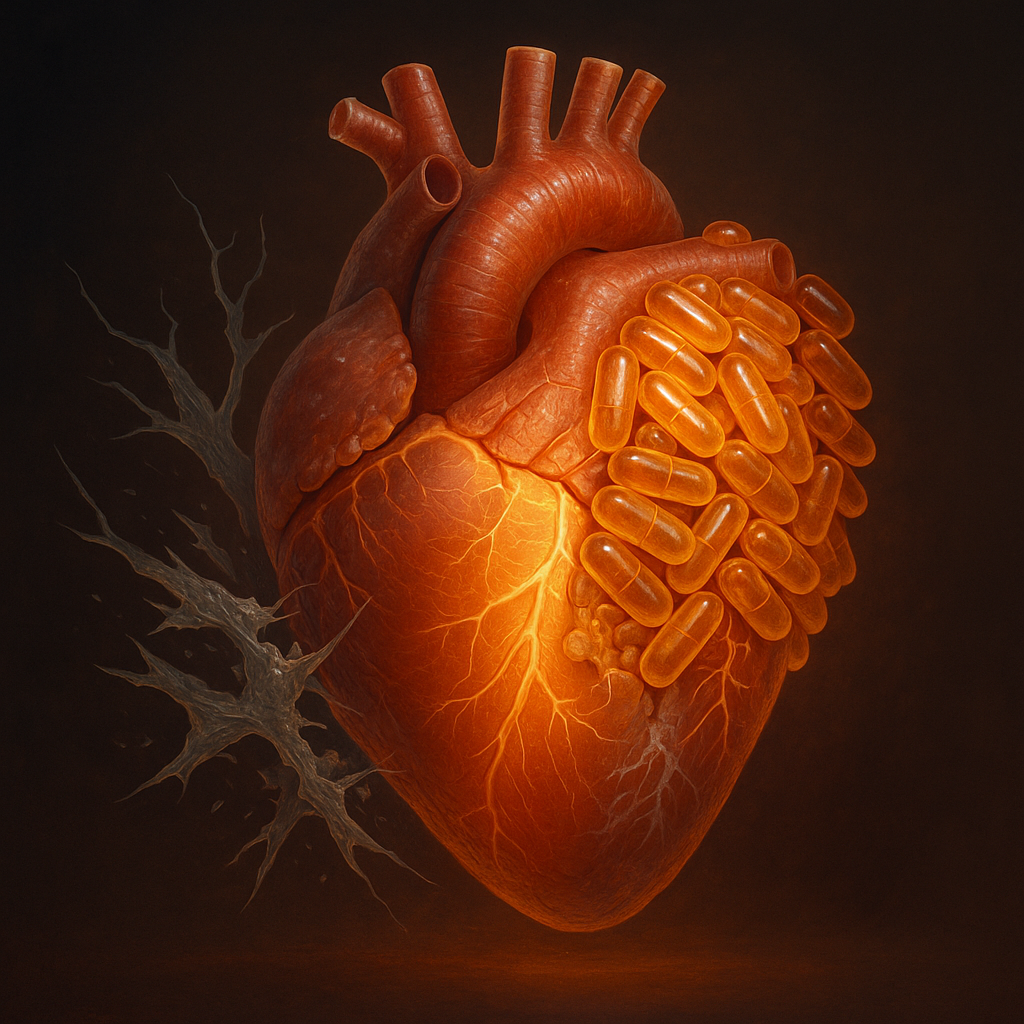 Тёпло подсвеченное сердце покрыто янтарными капсулами-«щитами», а рядом крошатся хрупкие амилоидные кристаллы — символ того, как новые лекарства останавливают разрушение сердечной ткани.