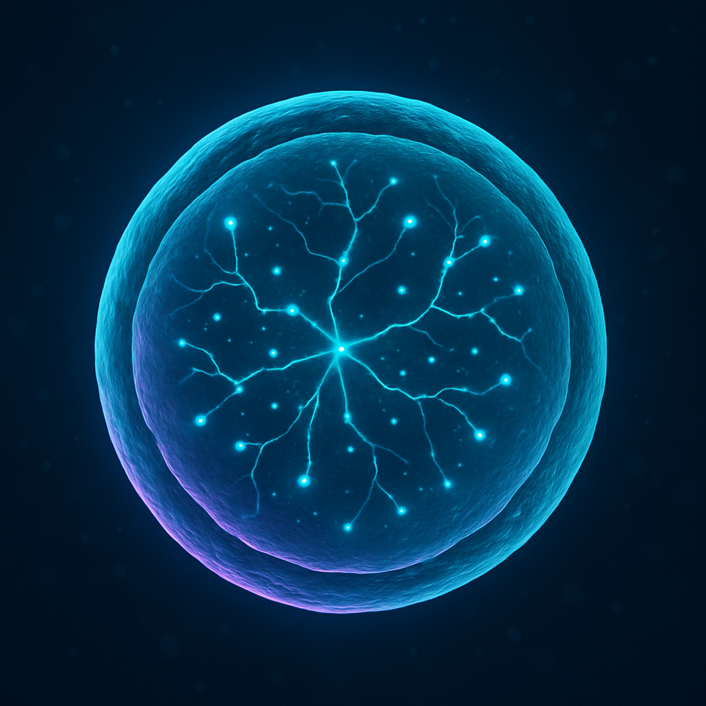 Одиночная клетка, внутри которой пульсируют ветвящиеся световые цепочки — метафора «памяти» организмов на уровне одной клетки.