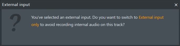 Вы выбрали внешний вход. Хотите ли вы переключиться на "Только внешний вход", чтобы избежать записи внутреннего звука на эту дорожку?