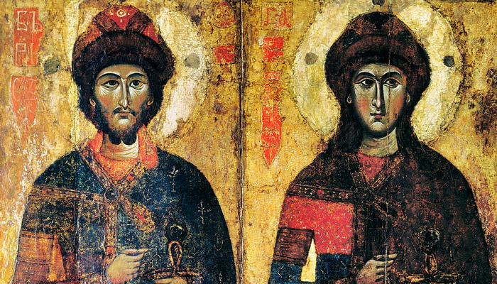 Святые Борис и Глеб. Фрагмент иконы из Савво-Вишерского монастыря (XIII — начало XIV века). Фото: wikipedia.org
