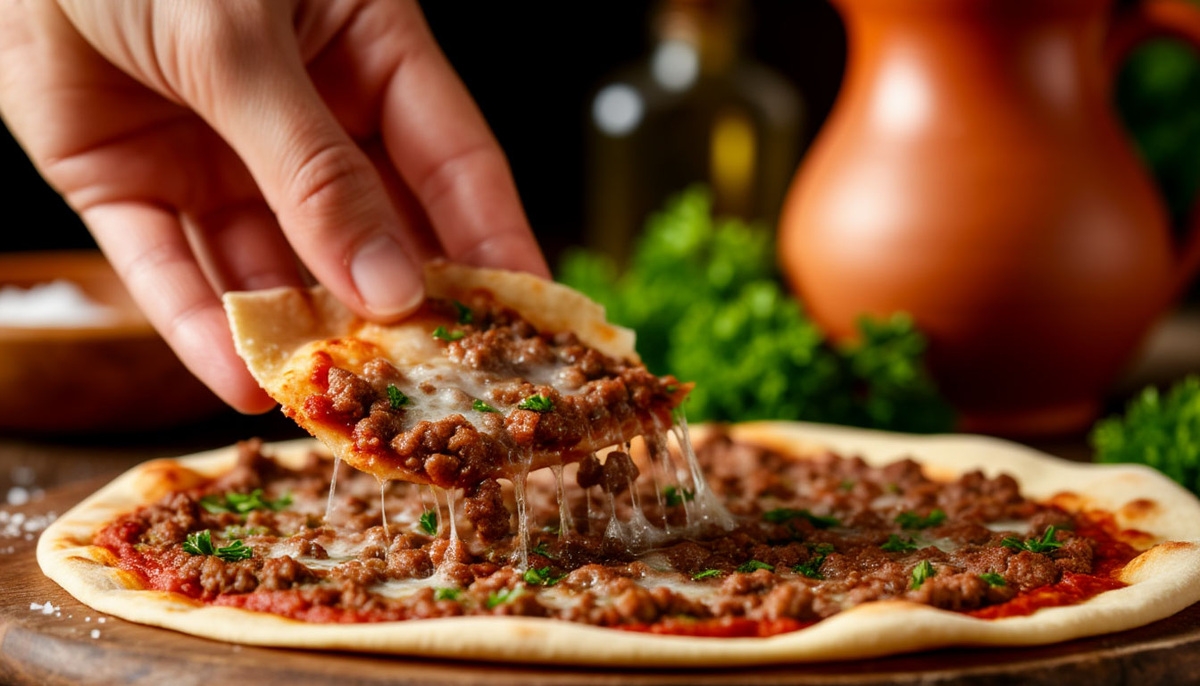 Хрустящий край настоящего сирийского лахмаджуна с мясом и зеленью крупным планом