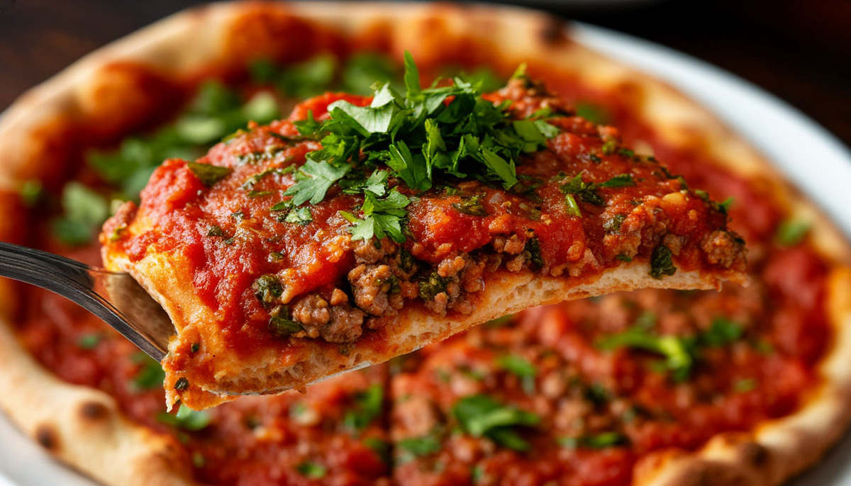 Сочный кусок сирийской пиццы лахмаджун с томатной пастой и мясным фаршем