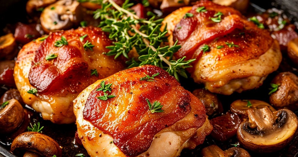 Рецепт куриных бедер с беконом и шампиньонами.