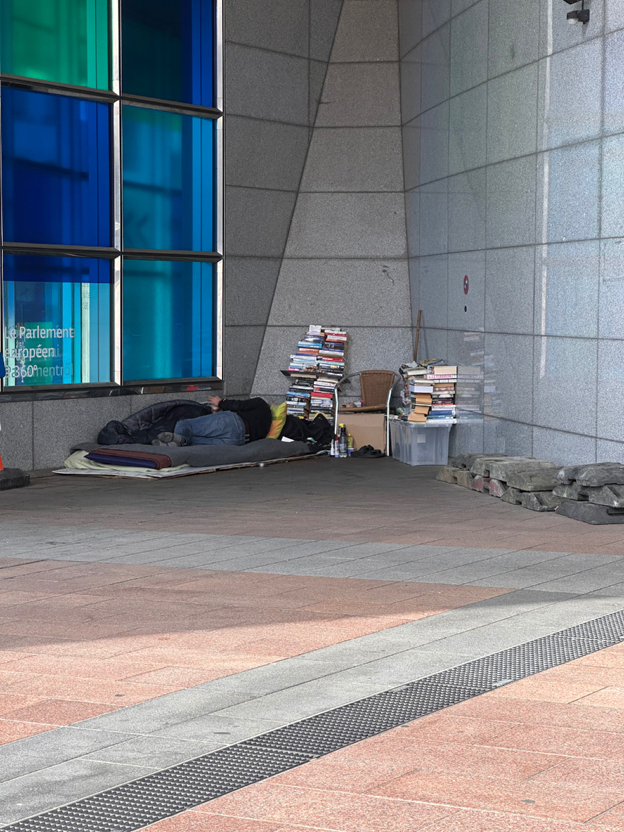 Это, кстати, бомж-интеллигент, поселившийся возле Европарламента. Ранее живущие там бомжи куда-то пропали, зато появился новый. Смотрите, сколько у него книг! И место свое держит всегда в чистоте и порядке. 