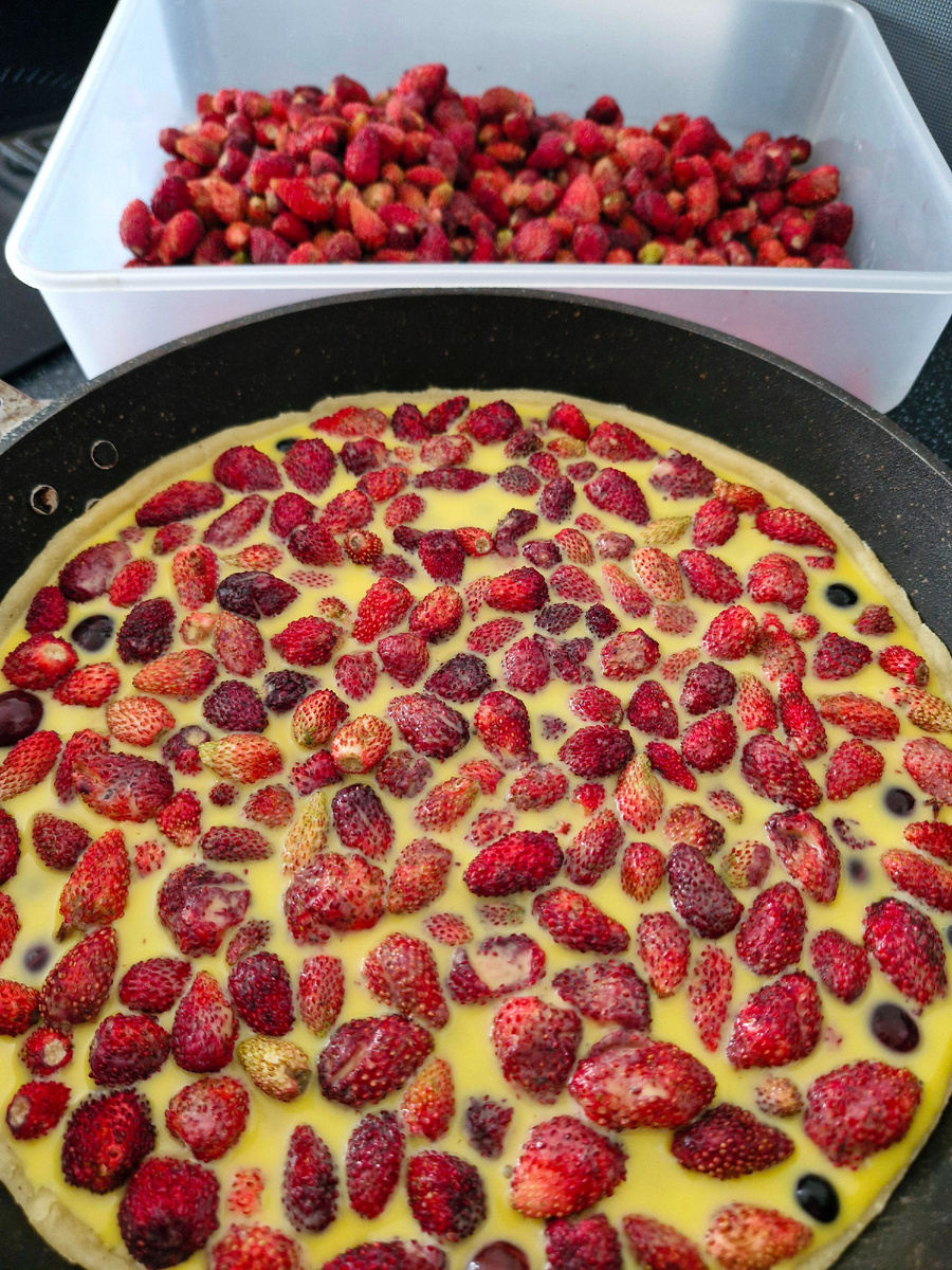 Готов к выпечке, через 15 минут вся квартира будет в обалденных запахах. Яйца домашние, поэтому заливка получилась жёлтой 