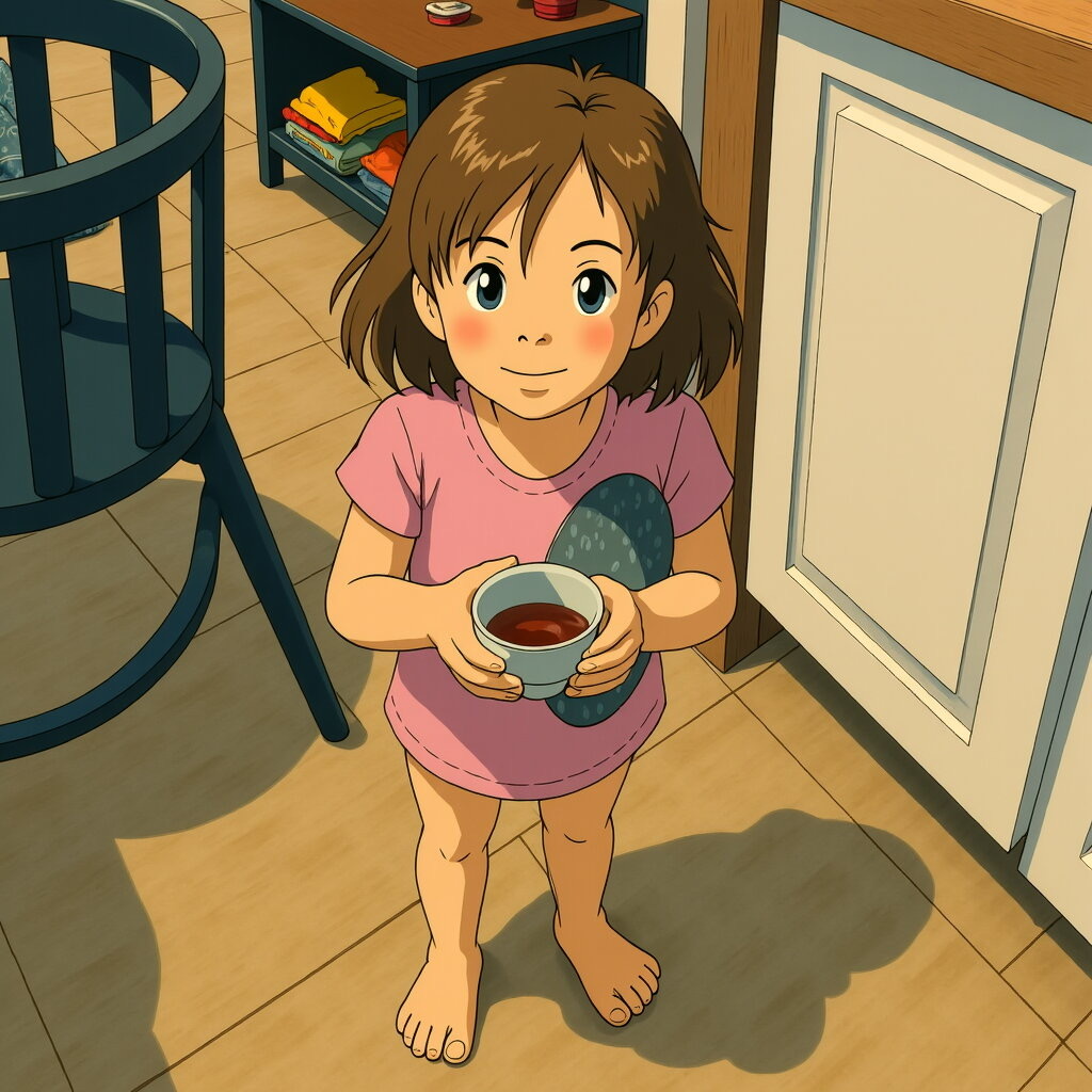 Маленькая София пьющая гранатовы сок, который ей приготовил Папа.