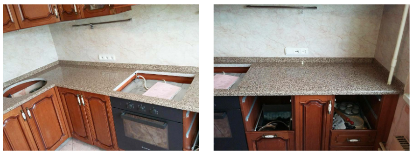 Мебель и техника остались прежние, установили новую столешницу и пристеночный борт из кварца.