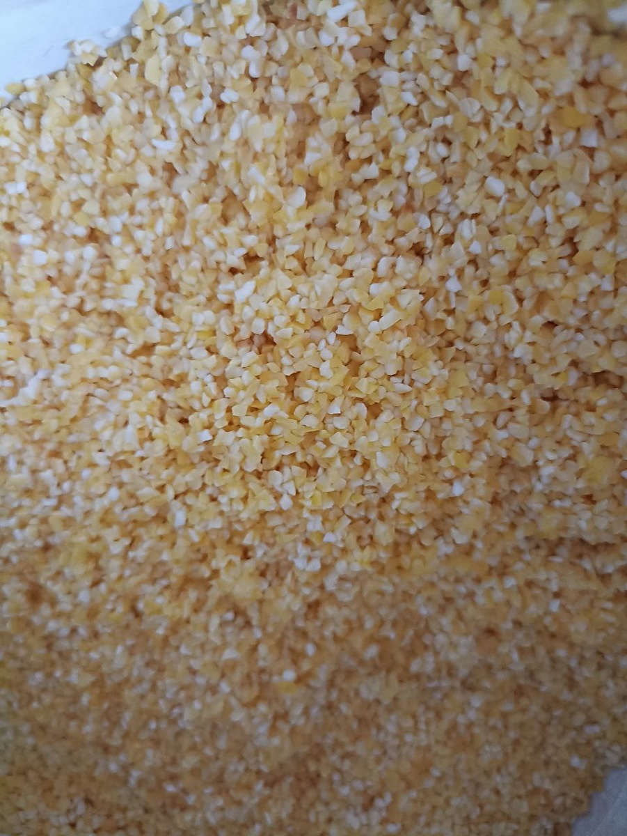 так выглядит кукурузная крупа среднего помола до вымачивания - она должна иметь здоровый золотистый оттенок и никаких посторонних запахов, это важно