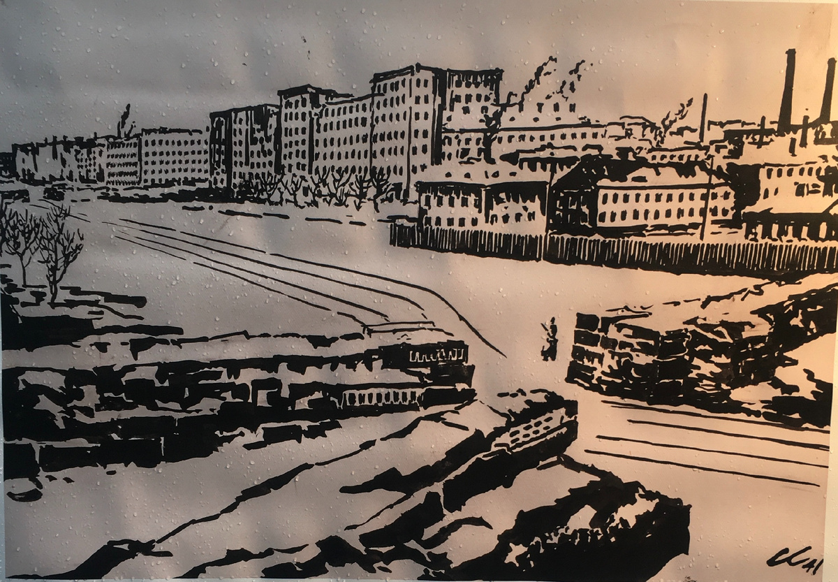 Противотанковые заграждения на Московском проспекте около завода "Электросила". 1941 год