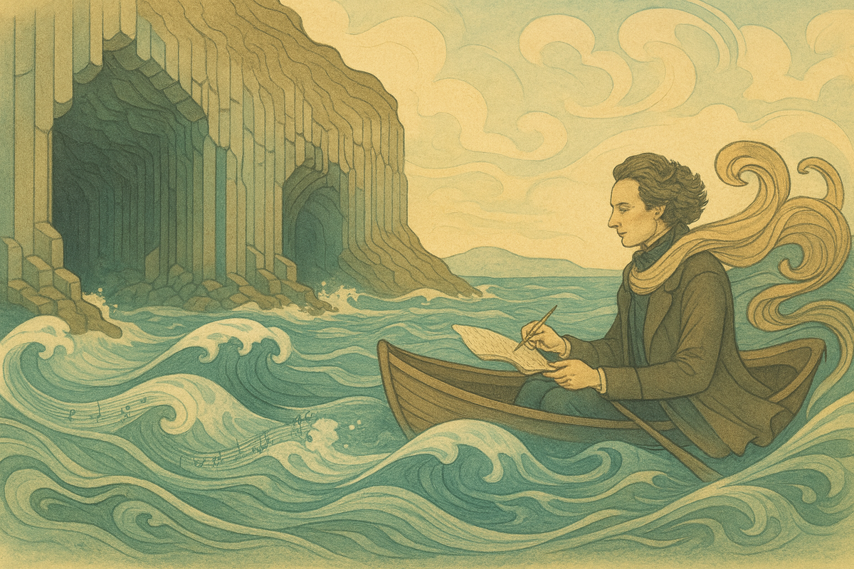 Феликс Мендельсон в лодке у Фингаловой пещеры.