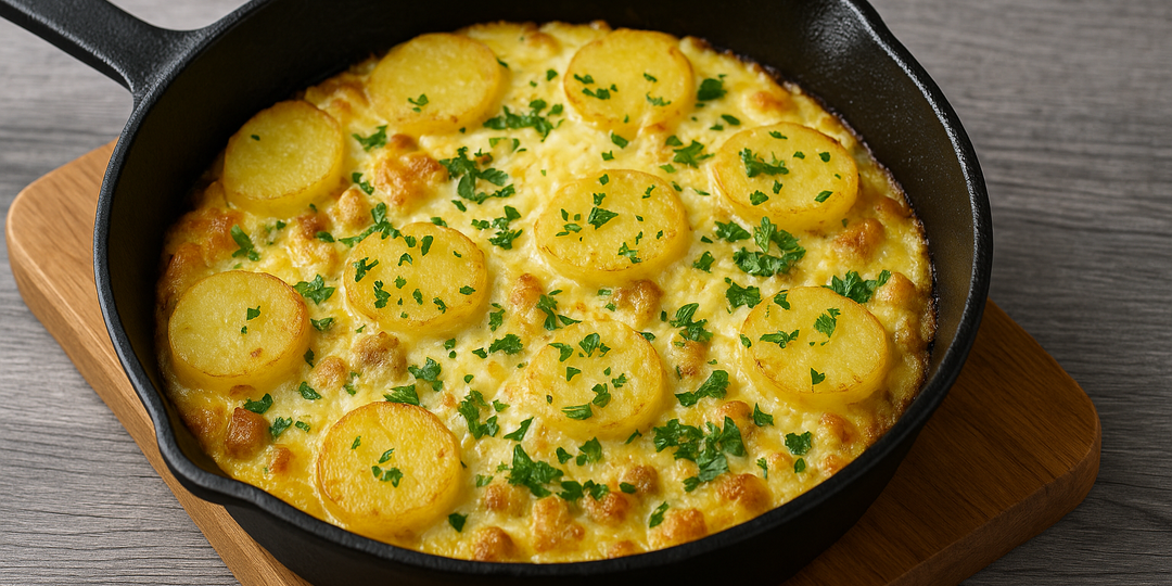 Сытный завтрак по-деревенски - омлет с картошкой и сыром.