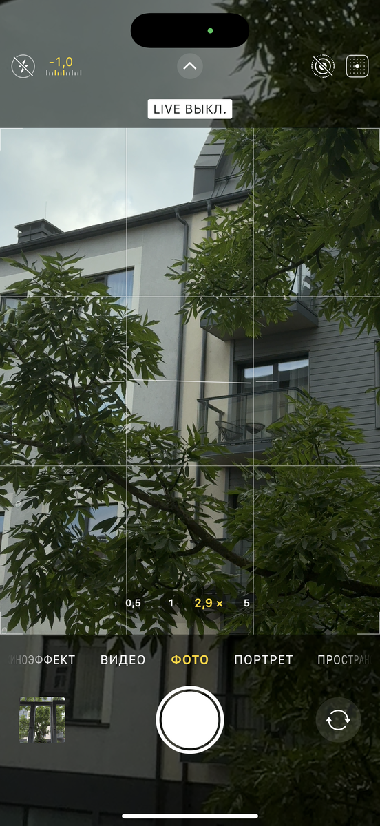 Интерфейс камеры iphone. Наверху справа перечеркнутый значок live-фото — функция отключена