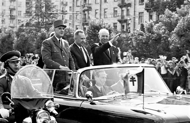 Шарль де Голль, Алексей Косыгин и Николай Подгорный. Москва, 1966 г.