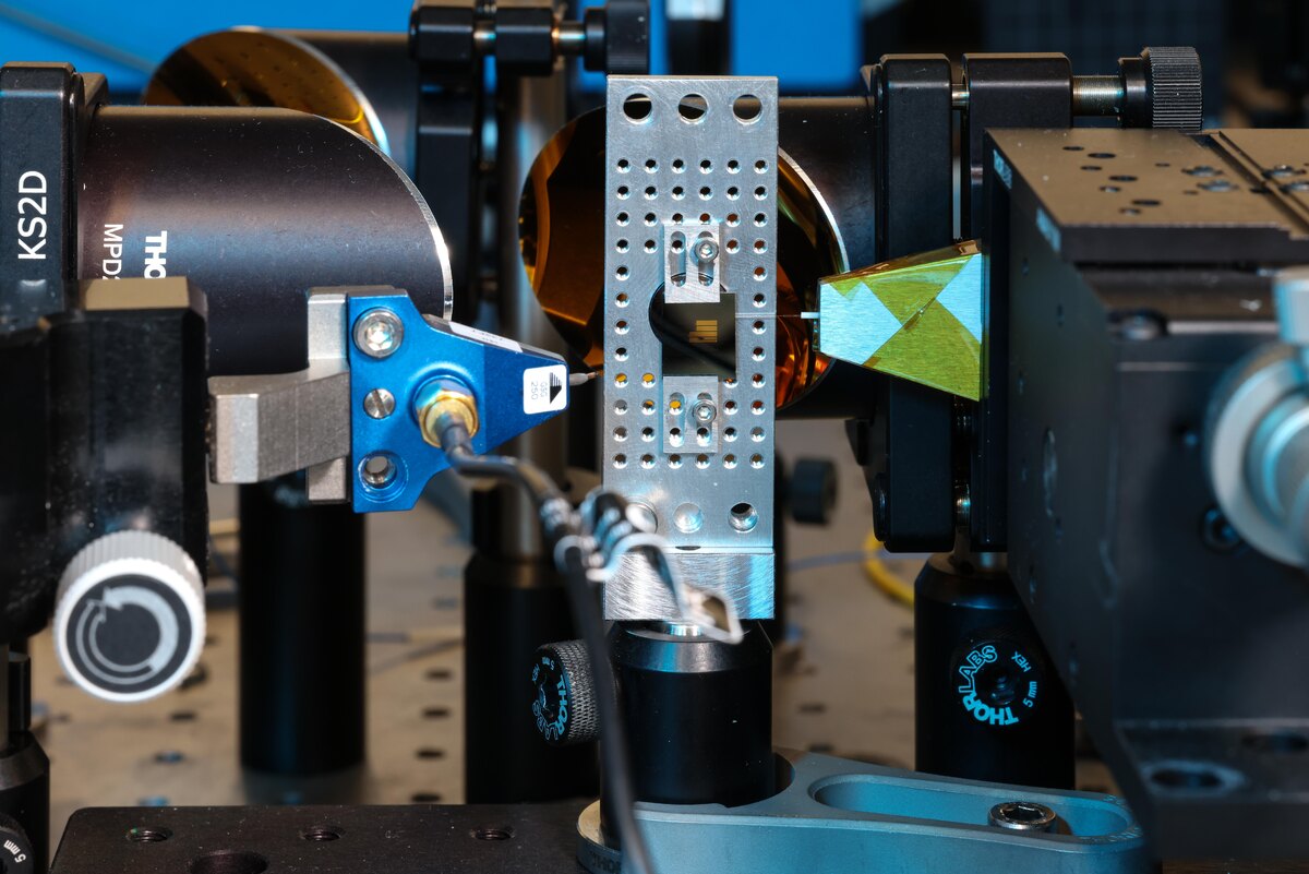 Фотонные и терагерцовые схемы интегрированы и протестированы на одном чипе. Генерируемое терагерцовое излучение собирается золотым зеркалом на задней панели и используется для спектроскопии (или зондирования) различных материалов.