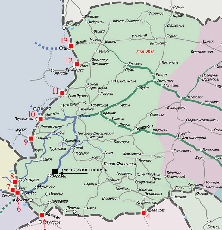 Бескидский тоннель на карте жд дорог Украины
