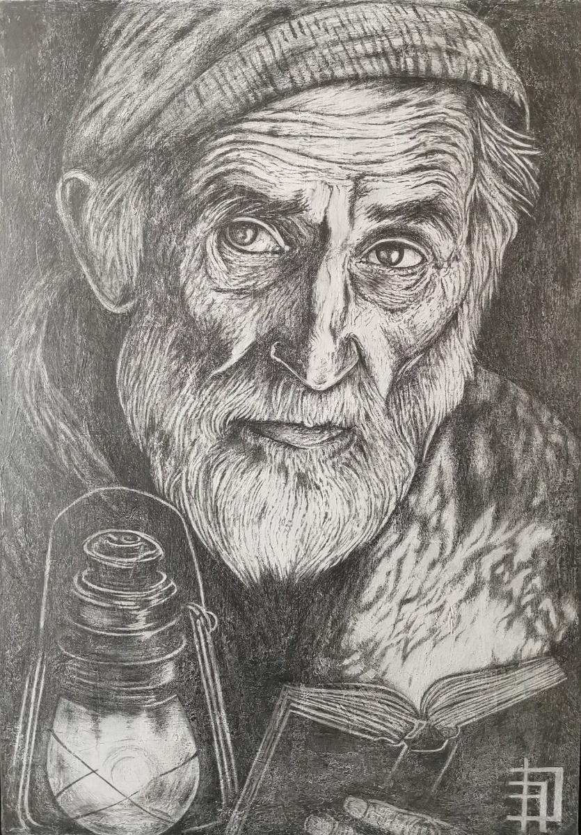 Мари Дагаз. "Свет в глазах времени". Холст 100×70, карандаш. Москва 2025