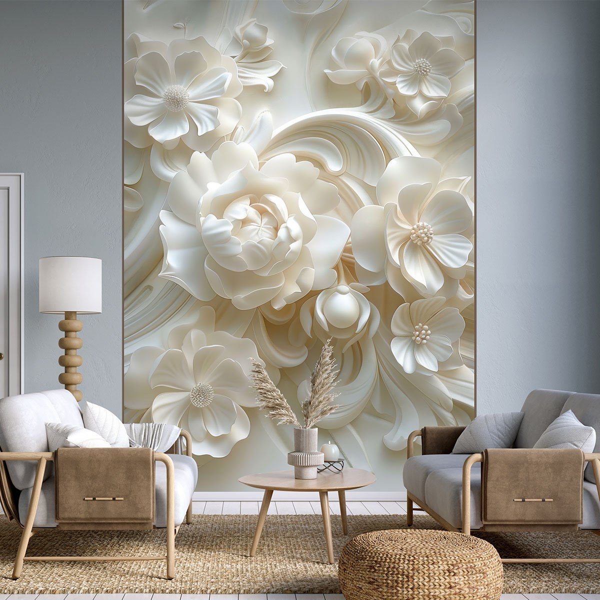 Пример интерьера с отделкой в светлой палитре. Материал: флизелиновые фотообои VEROL. Артикул на WB: 247259156. 