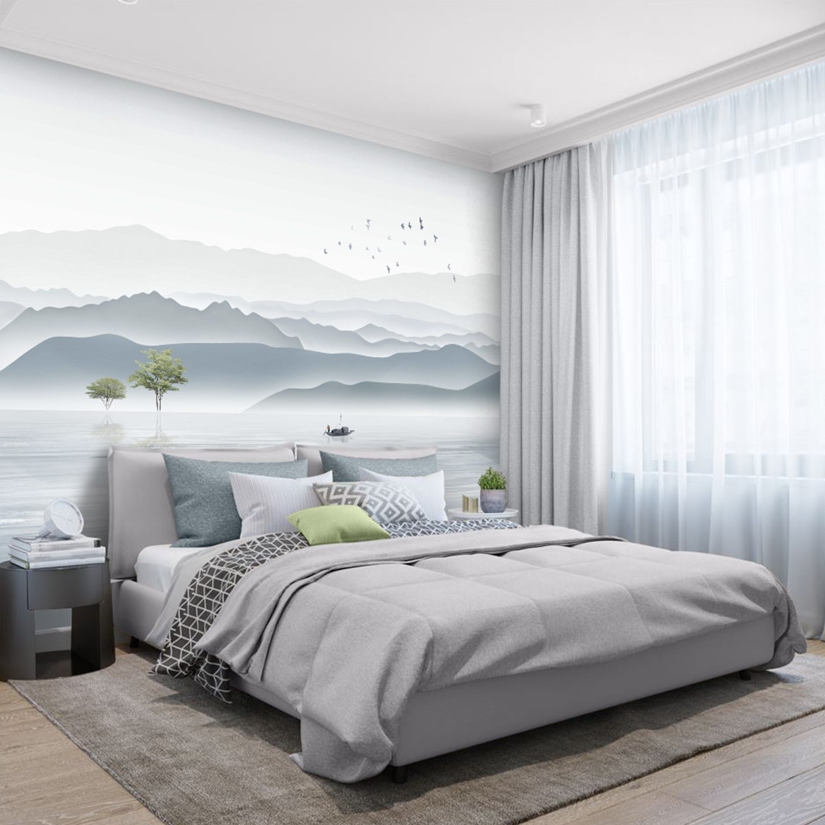 Пример интерьера со светлым тюлем и шторами, отделкой стен светлыми флизелиновыми фотообоями VEROL. Артикул на WB: 150438800.