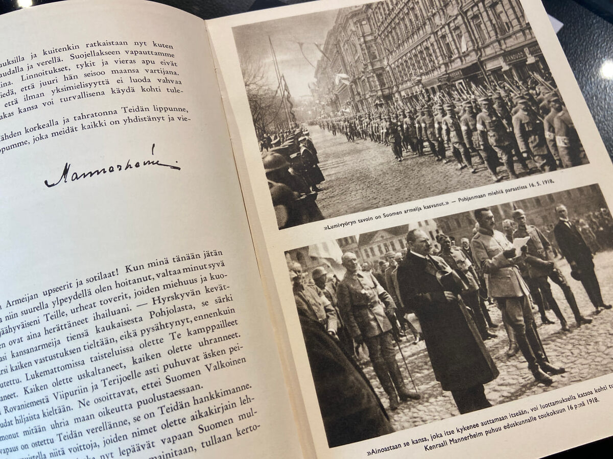 фрагмент книги «Puhtain asein: sotamarsalkka Mannerheimin päiväkäskyjä vv. 1918–1942» (С чистым оружием. Ежедневные приказы фельдмаршала Маннергейма в 1918–1942). Хельсинки. OTAVA. 1942.