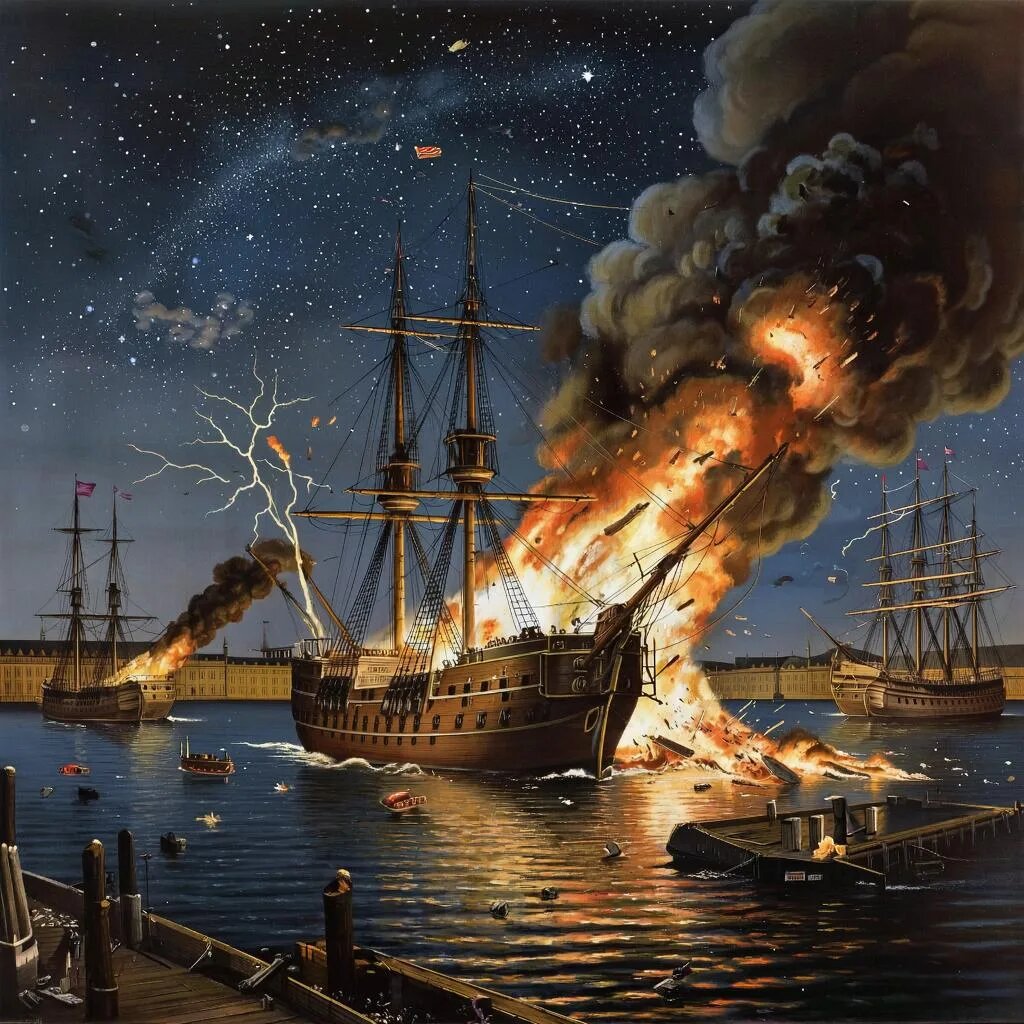 В ночь с 26 на 27 июня (8 июля по новому стилю) 1715 года 60-пушечный линейный корабль «Нарва» погиб на рейде Кронштадта. Причина катастрофы — удар молнии, от которой на корабле загорелся порох в крюйт-камере. Корабль взорвался и затонул.  Погиб почти весь экипаж, включая командира, капитан-командора Э. Вогана (по разным источникам, от 300 до 400 человек). Спаслось (по утверждениям разных авторов) 5, 10, 11, 15, 18 или 19 человек.  Над водой осталась только бизань-мачта корабля. Руководство флота и лично Пётр I сомневались в истинности причины гибели линейного корабля. Для этого имелись основания, ведь подобного случая гибели большого боевого корабля от удара молнии не знает вся история мирового мореплавания. Остатки судна удалось поднять лишь в 1723 году, с помощью водолаза, вызванного из Амстердама, и мачт-лихтера, прибывшего на остров Котлин в 1722 году. Картинку нарисовала нейросеть. Вместе с линейным кораблем "Нарва" погиб и полковой архив Астраханского пехотного полка: " ... с начала даже по 715-й год июня по 26 число о том справиться не по чем, понеже полковые письма, которые были до 706 -го году, и оные, идучи с винтер-квартиры к Гродне, с полковым обозом неприятельские люди отбили, а с 706 году по 711-й год - все пропали на Турецкой акции, а с 711-го году по 715-й год - при Котлине острове с кораблем "Нарвою" потонули в 715-м июня 26 дня. И ныне при полку старых никаких полковых писем и записок не осталось, и справиться с начала полку по 715-й год не по чем". Ссылка: https://dzen.ru/a/Z1MzD3qR_yc2ROaV