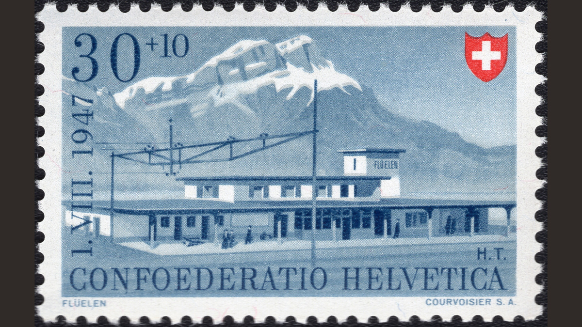 1. Швейцария, 1947 год, № 483. Железнодорожная станция Флюелен. Швейцарская федеральная железная дорога, вокзалы. В галерее полная серия (нажмите правую стрелку).