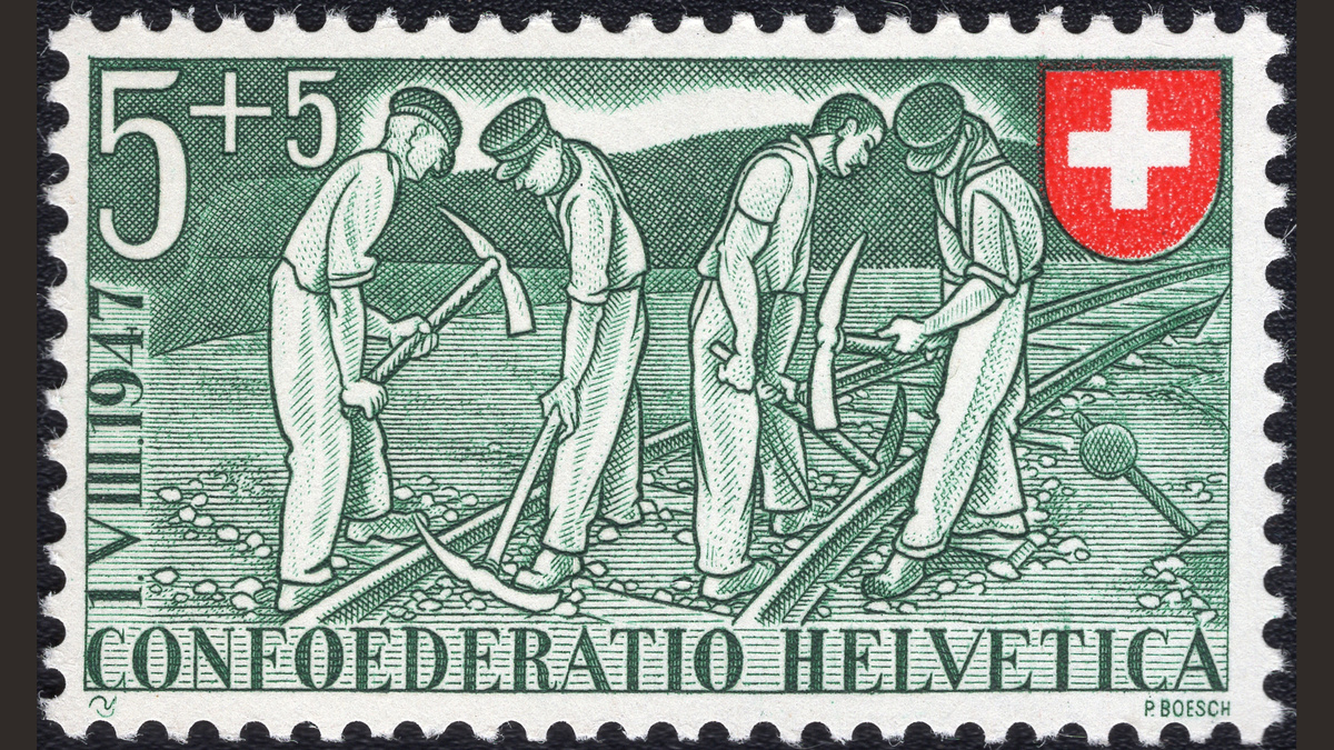 1.1. Швейцария, 1947 год, № 480. Железнодорожный рабочий. Швейцарская федеральная железная дорога, вокзалы.