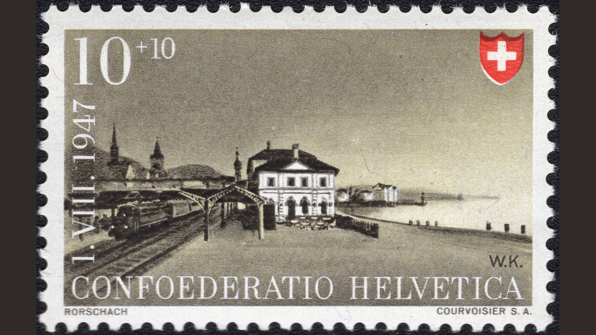 1.2. Швейцария, 1947 год, № 481. Железнодорожный вокзал в Роршах. Швейцарская федеральная железная дорога, вокзалы.