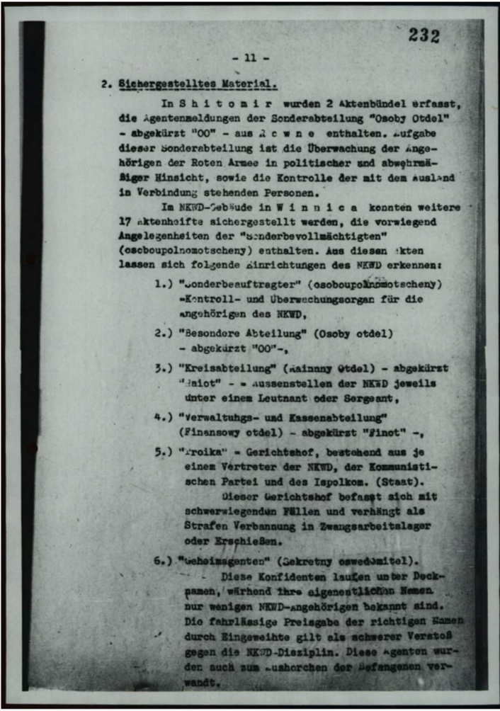 Рисунок 10.2. Донесение Айнзатцкоманды 6 о структуре Управления НКВД Винницкой области[3].