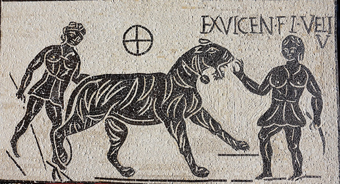 Репродукция с оригинальной мозаики, сделанной при Антонине Пие из Кастра Преториа в Риме. Хранится в Колизее. Середина II века н.э.