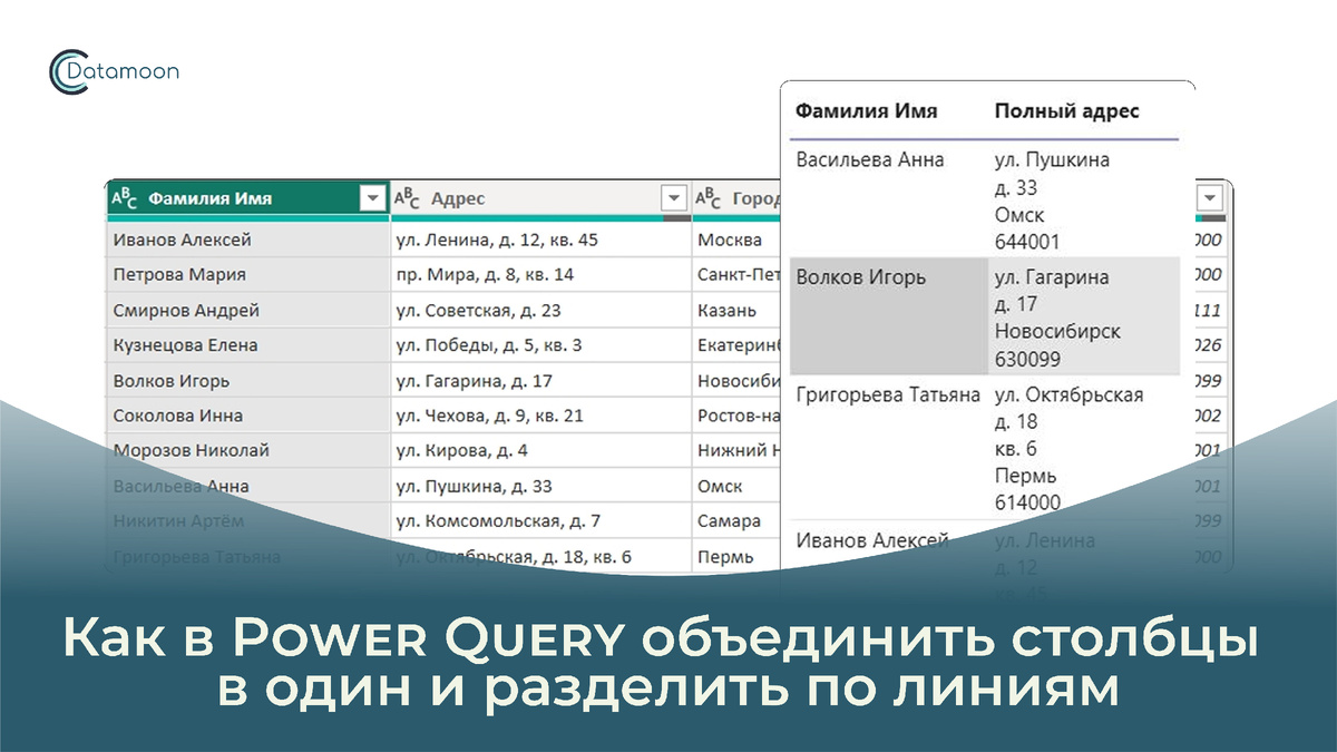Как в Power Query объединить столбцы в один и разделить по линиям