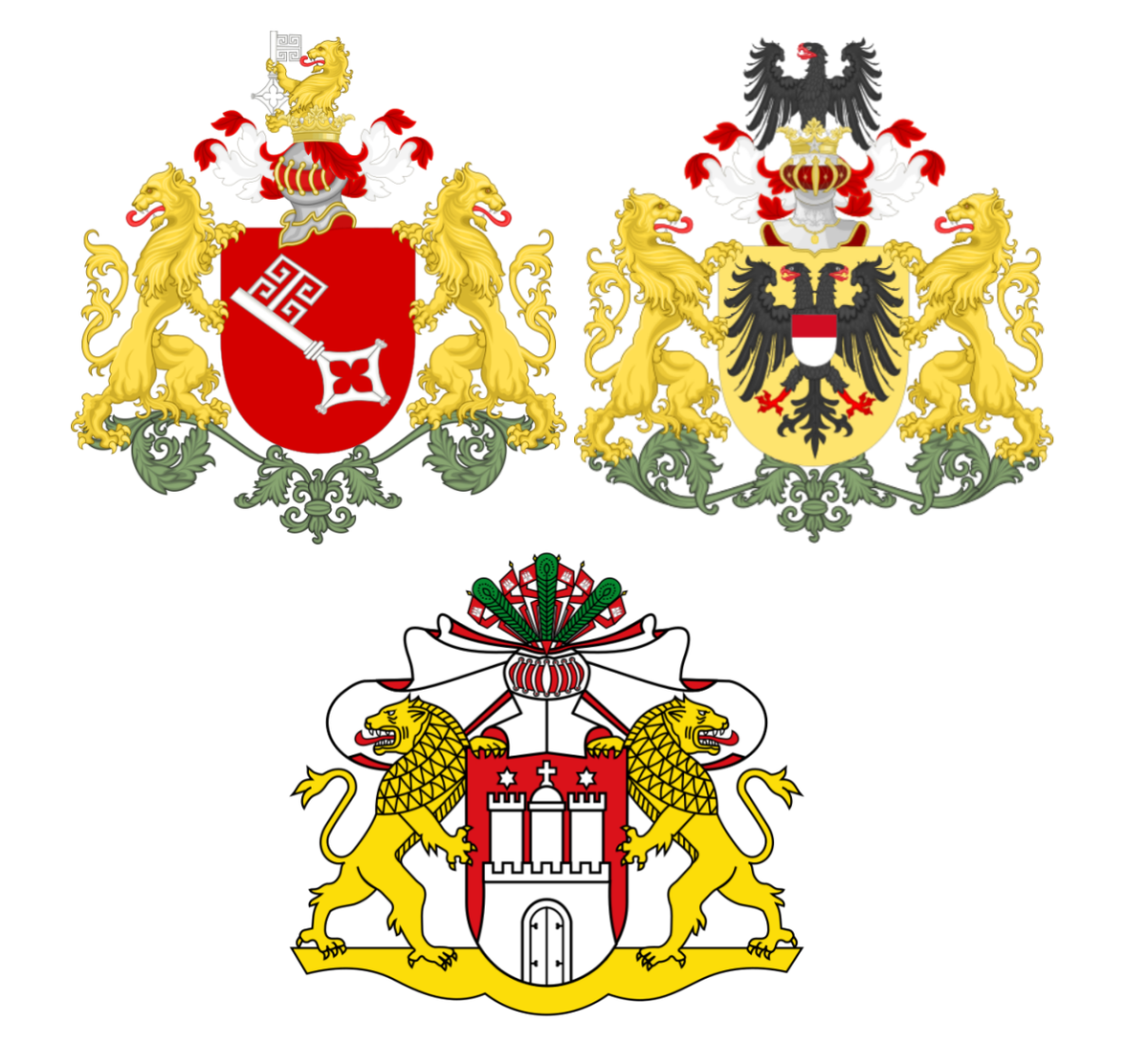 Гербы городов Бремен, Любек, Гамбург.