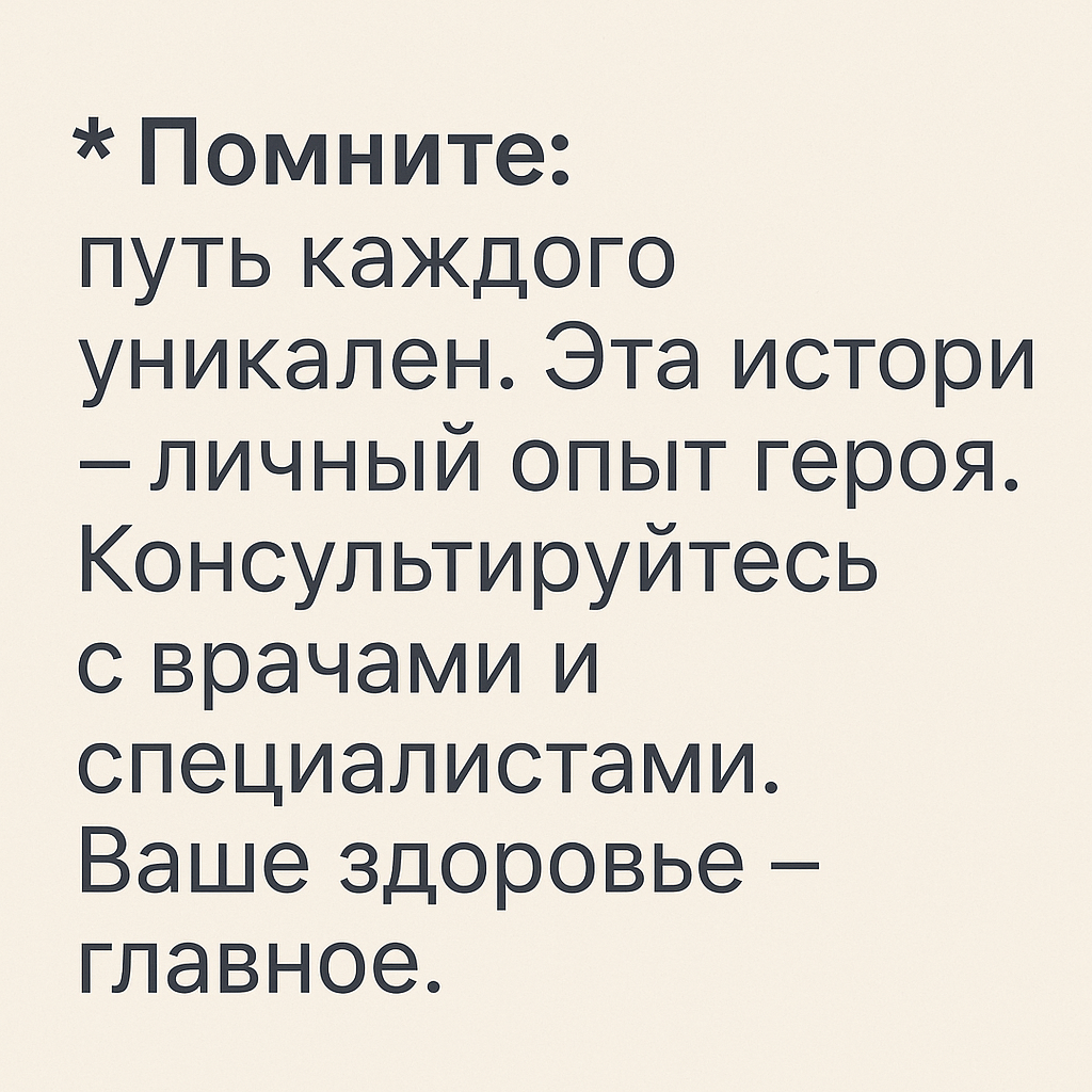 Дислеймер: *Помните: путь каждого уникален. Эта история – личный опыт героя. Консультируйтесь с врачами и специалистами. Ваше здоровье – главное.*